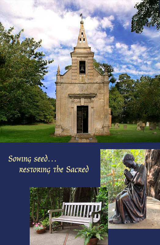 Chapel exterior, garden bench, and praying statue